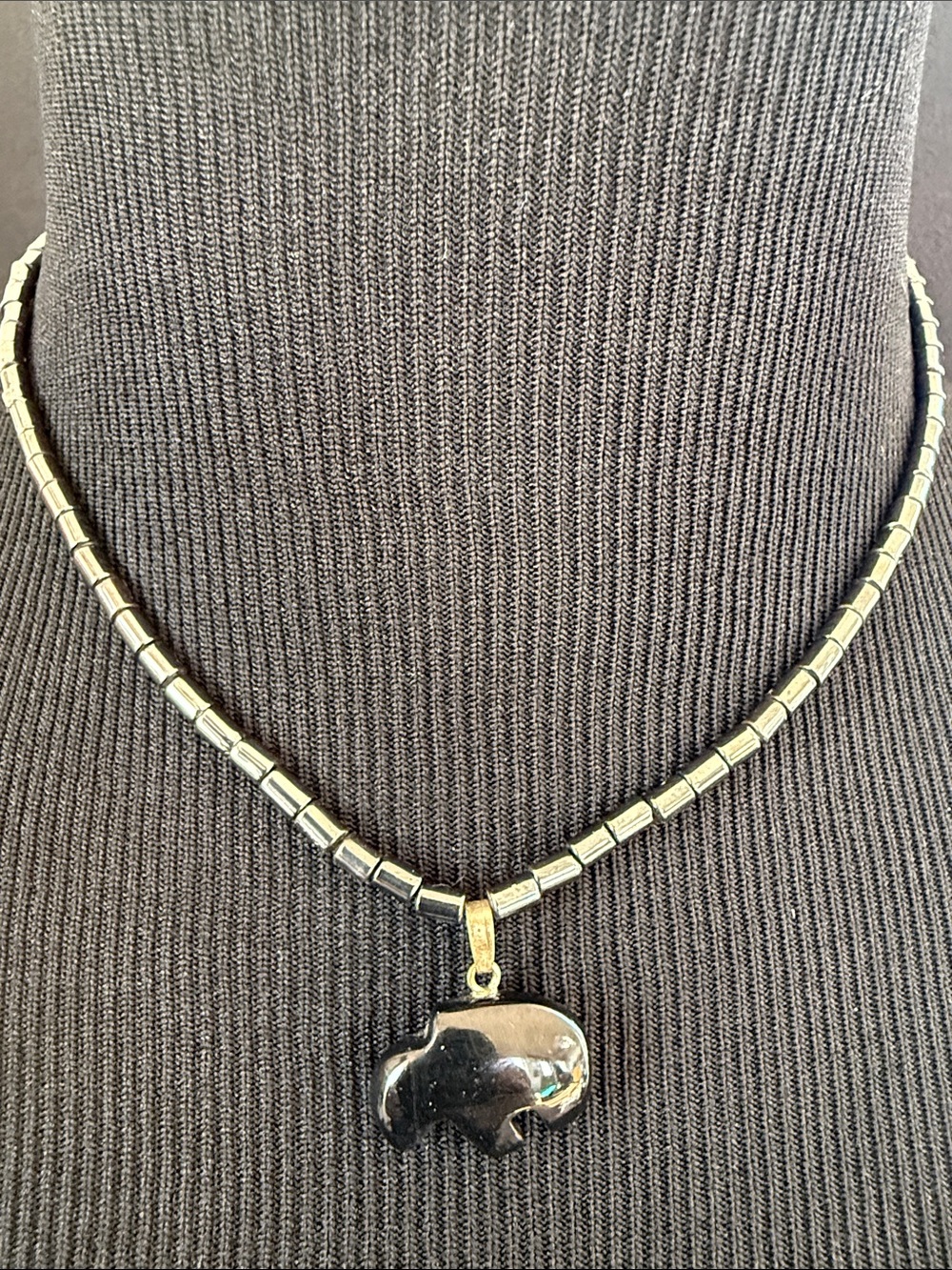 Black Hematite Beaded Ball Chain Necklace Bear Charm Pendant Screw 16 inch